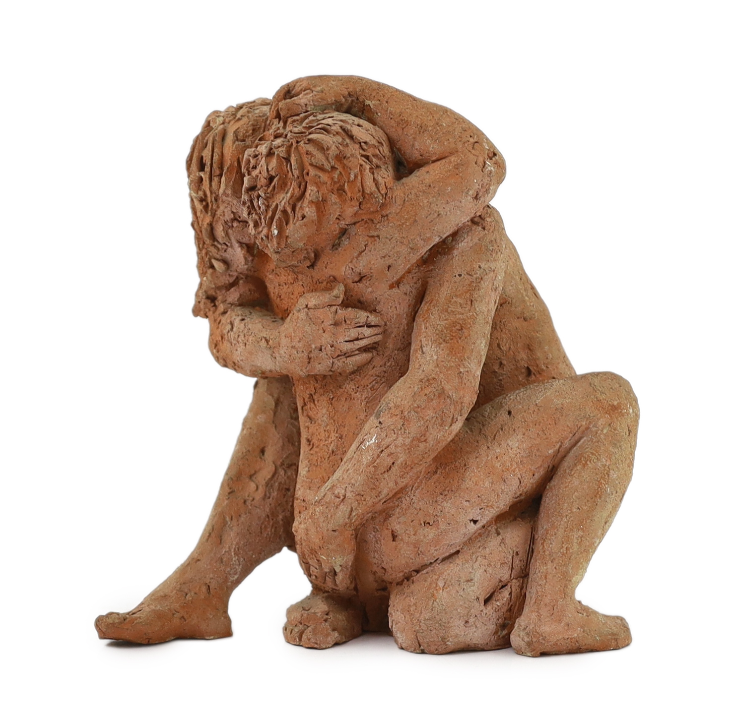 Karin Jonzen RBA ARBS (1914-1998), a terracotta group, 'Couple embracing', 20cm high